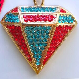 Betsey Johnson Diamond Pendant Necklace Red Blue Gold Rhinestone Jewelry